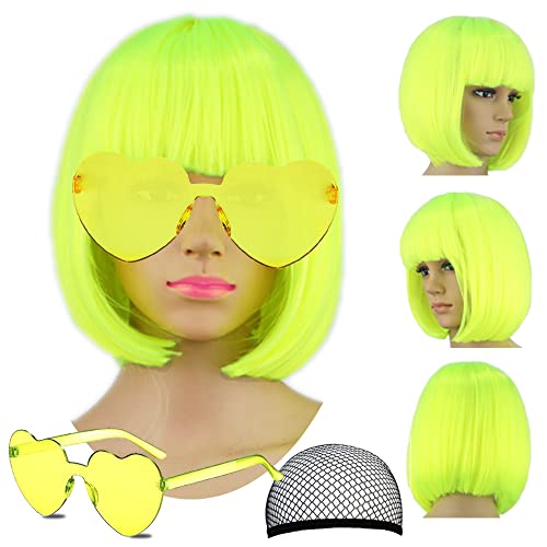 LIULIUBTY Short Bob Hair Wigs Straight with Flat Bangs Synthetic Colorful Cosplay Daily Party Neon Wig for Women  Free Wig Cap 13 Natural As Real
